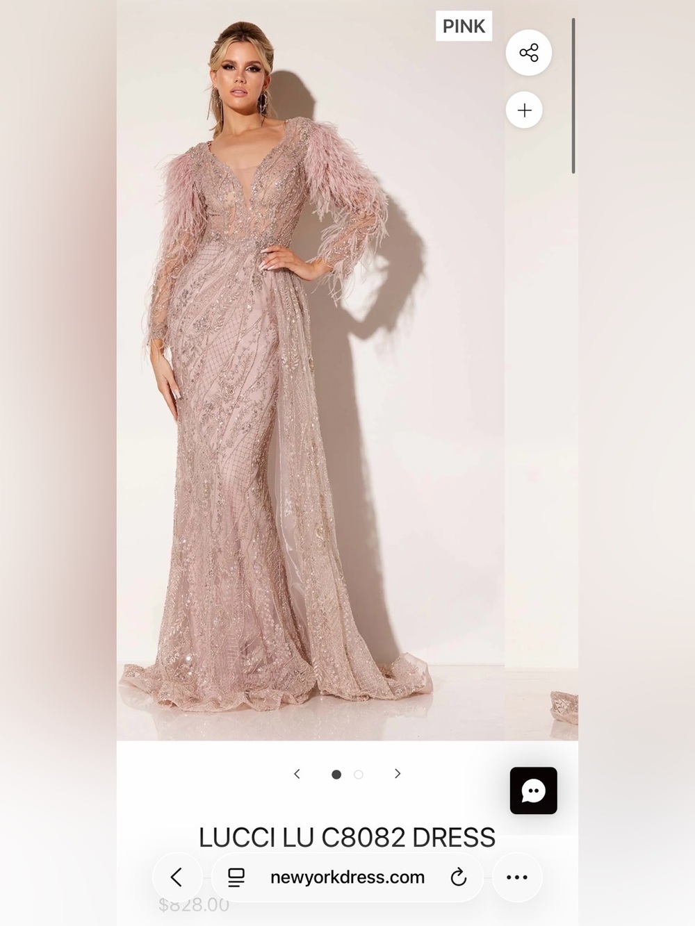 Pink Embellished Feather-Sleeve Evening Dress